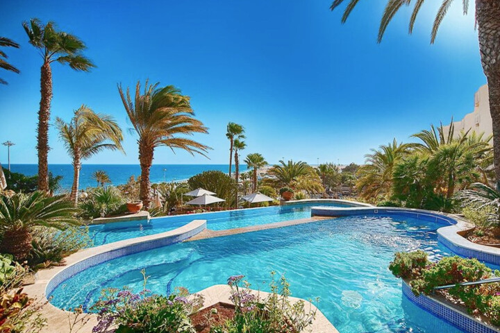 Pool mit klarem Wasser umgeben von Palmen und tropischer Vegetation mit Blick auf das Meer unter blauem Himmel.