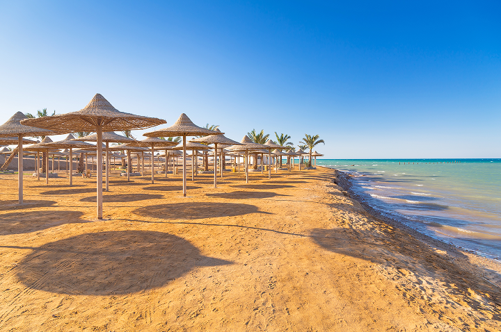 Strand mit mehreren Strohhut-Sonnenschirmen in Reihen und ruhigem Meer im Hintergrund.