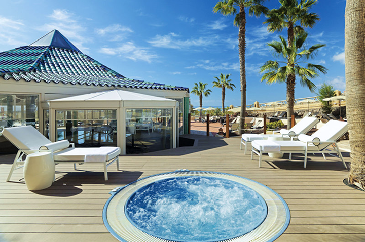 Ein Whirlpool auf einer Deckterrasse, umgeben von Liegen und Palmen, ideal für Entspannung im Hotel.