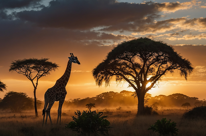 Giraffe silhouettiert gegen den Sonnenuntergang in der afrikanischen Savanne, mit einem weiten, offenen Himmel im Hintergrund.